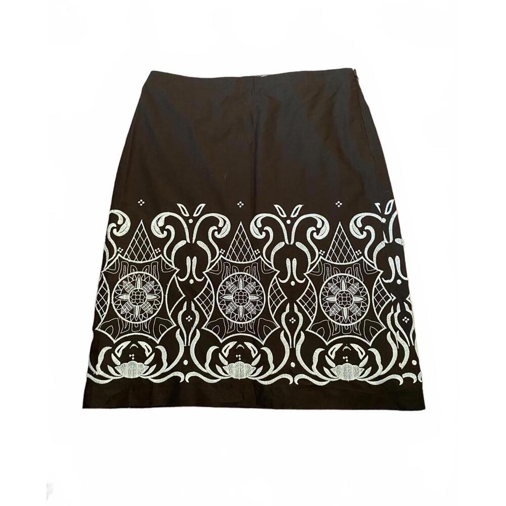 Ann Taylor Loft Cotton Brown Embroidered Border A-line Midi skirt